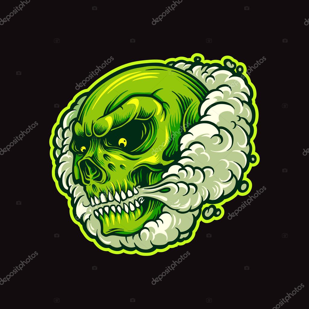 Green Skull Smoke in Cloud cigarette Illustrations