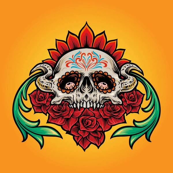 Mexický Cukr Lebka Muertos Květinami Ilustrace Pro Oblečení Linka Zboží — Stockový vektor