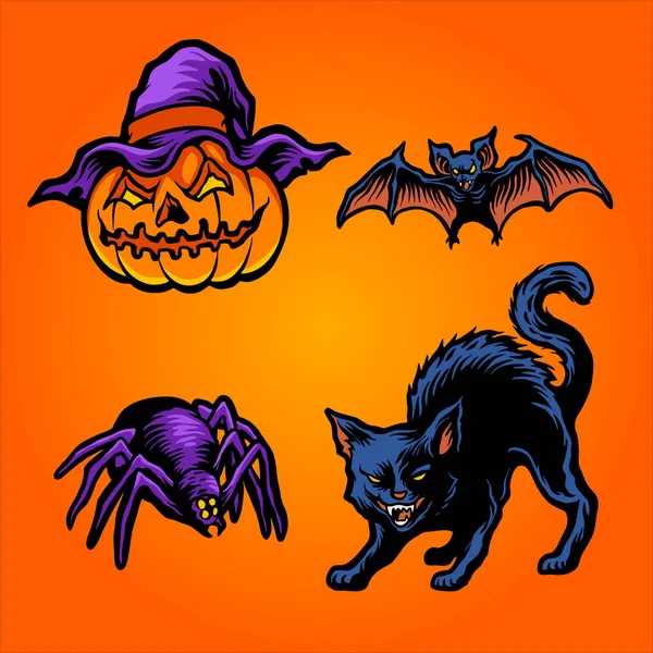 Halloween Head Pompoenen Set Element Cat Bat Illustraties Voor Poster — Stockfoto
