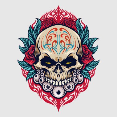 Meksika şeker kafatası dia de los muertos Illustrations giyim markası etiketi ve tişört giyimi, poster yayınları