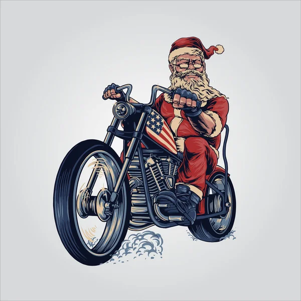 Motocykliści Santa Claus Wesołych Świąt Cooper Jazda Motocyklu Amerykańska Flaga — Wektor stockowy