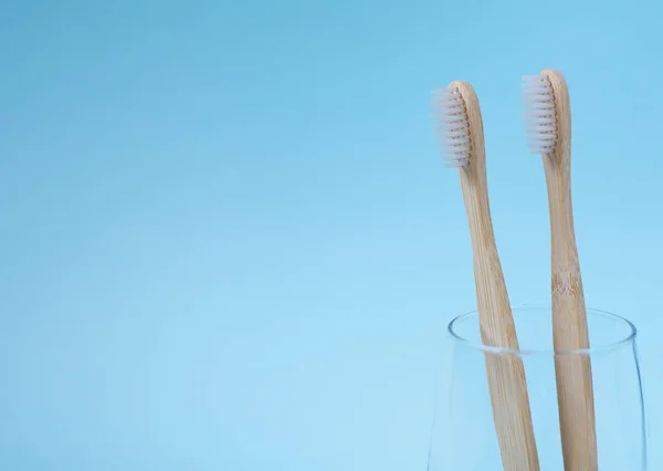 Twee Bamboe Eco Tandenborstels Glas Lichtblauwe Achtergrond Geen Afval Biologisch — Stockfoto