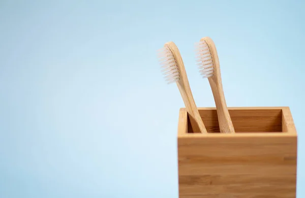 Two Eco Friendly Bamboo Toothbrushes Wooden Holder Light Blue Background — Stock Photo, Image