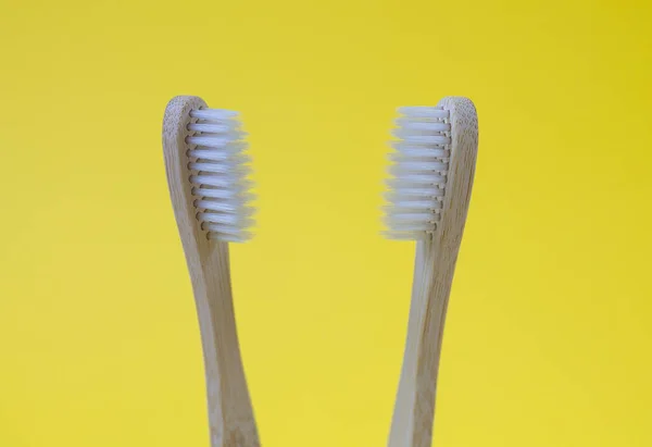 Trendy Bamboo Wooden Toothbrushes Isolated Yellow Background — Stock Photo, Image