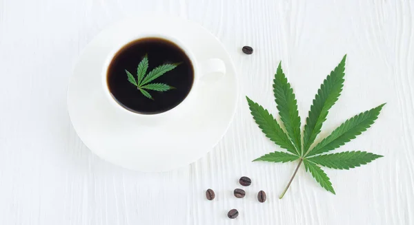 Cup Coffee Cannabis Marijuana White Wooden Table — Stock Photo, Image