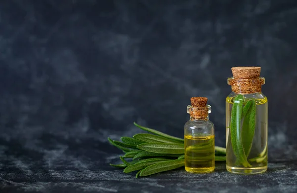 Flessen Natuurlijke Rozemarijn Essentiële Olie Voor Schoonheid Spa Huidverzorging Ruimte — Stockfoto