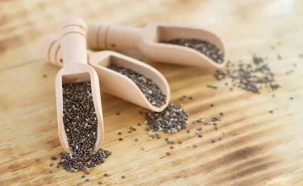 Superfood Chia Seeds Wooden Scoops Close — Stock Photo, Image