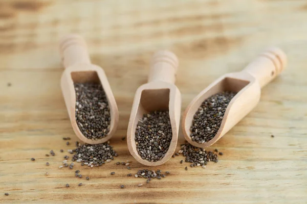 Healthy Chia Seeds Wooden Scoops Rustic Table — Stock Photo, Image