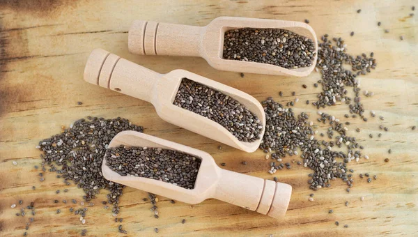 Chia Seeds Wood Scoops Top View — Stock Photo, Image