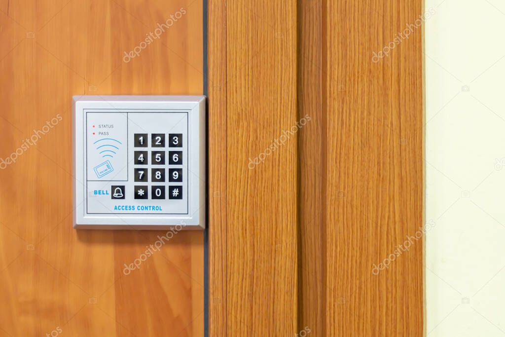 Digital combination door lock. Password code security keypad system, protected building