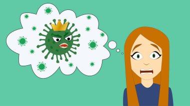 Koronavirüsten korkan kızıl saçlı bir kızın vektör görüntüsü. Küresel panik kavramı. Metin veya reklamınız için uzay vektör resmini konumlandırmayla kopyala