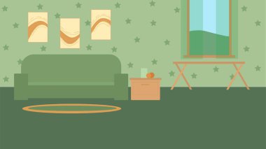 Odanın içi yeşil ve bej renklerle çizilmiş. Kanepesi, penceresi, masası ve sehpası olan bir oturma odası. Konforlu modern iç mimari. Metin veya reklamınız için uzay vektör resmini konumlandırmayla kopyala