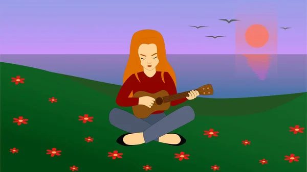 黄昏时分 一个长着长长的红头发的少女在海边的草地上弹奏着四弦琴 与自然的联系 暑期休闲概念 — 图库矢量图片