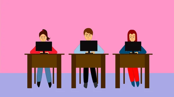 Illustrazione Animata Tre Studenti Che Lavorano Computer Portatili Classe Studiando — Vettoriale Stock