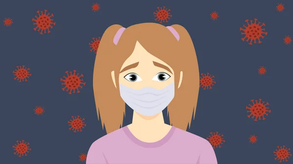 Maskeli Üzgün Korkmuş Küçük Kız Arka Planda Koronavirüs Hücreleri Çocuk — Stok Vektör