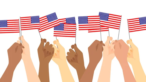 Bağımsızlık Günü 'nü kutlayan bayrakları tutan insanların vektör görüntüsü. Farklı ırktan vatanseverler Amerika bayraklarını sallıyor. Vatanseverlik, enternasyonalizm, karışık ırk arkadaşlık kavramı.