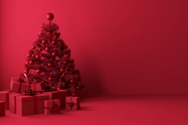 Modern iç mekanında hediye kutusu olan bir Noel kadını.