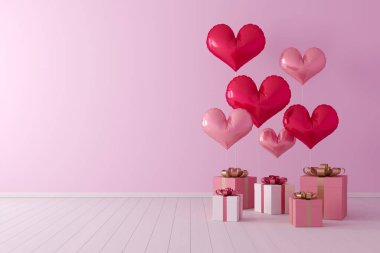 Minimum konsept. Pembe arka planda hediye kutusu olan balonlar kalp şeklinde..
