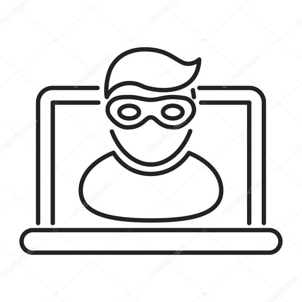 Cyber security and crime black line icon. Internet fraud. Computer thief stealing confidential data, personal information. Outline pictogram for web page, mobile app.