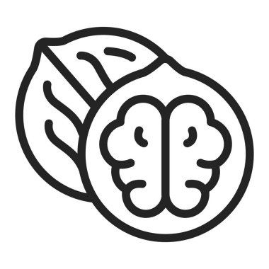 Ceviz rengi siyah çizgi ikonu. Sağlıklı, organik yiyecekler. Düzgün beslenme. İzole vektör elementi. Web sayfası, mobil uygulama, tanıtım için resim çizelgesi.