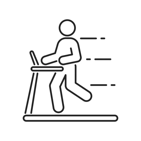 Seorang pria berjalan di atas sebuah ikon garis hitam treadmill. Latihan jantung. Elemen vektor terisolasi. Outline piktogram untuk halaman web, aplikasi seluler, promo. - Stok Vektor