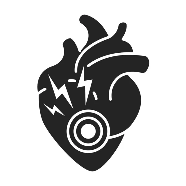 Herzinfarkt schwarze Glyphen-Ikone. Krankheit des menschlichen inneren Organs. Gesundheitsprobleme. Anmeldung für Webseite, mobile App, Banner — Stockvektor