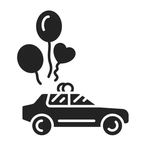 Gerade verheiratet Auto schwarz Glyphen-Symbol. Auto mit Luftballons. Isoliertes Vektorelement. Umriss-Piktogramm für Webseite, mobile App, Promo. — Stockvektor