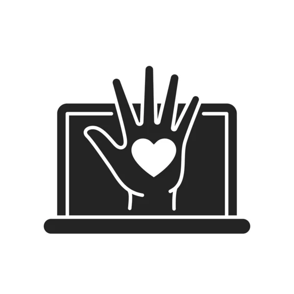 Caridade on-line e voluntariado ícone de glifo preto. Pictograma vetorial de captação de fundos para página web, aplicativo móvel, promo. — Vetor de Stock
