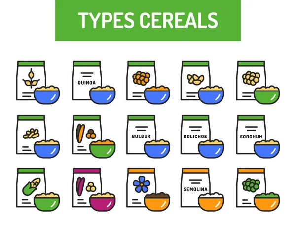 Tipi cereali colore linea icone set. Cibo sano e biologico. Una corretta alimentazione. Elemento vettore isolato. Illustrazione pittogrammi per pagina web, app mobile, promo. — Vettoriale Stock