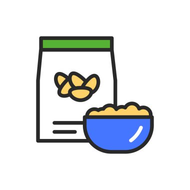 Fasulye paketi ve bir kase yulaf lapası rengi ikonu. Sağlıklı, organik yiyecekler. Düzgün beslenme. İzole vektör elementi. Web sayfası, mobil uygulama, tanıtım için resim çizelgesi