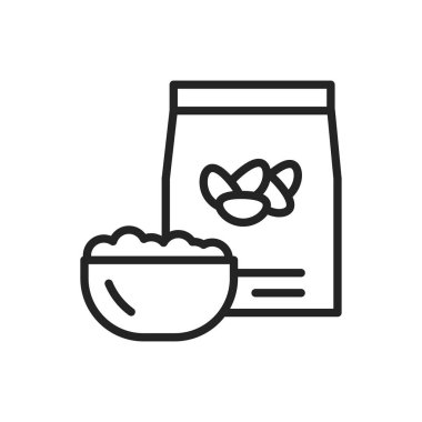 Fasulye paketi ve bir kase yulaf lapası siyah çizgi ikonu. Sağlıklı, organik yiyecekler. Düzgün beslenme. İzole vektör elementi. Web sayfası, mobil uygulama, tanıtım için resim çizelgesi