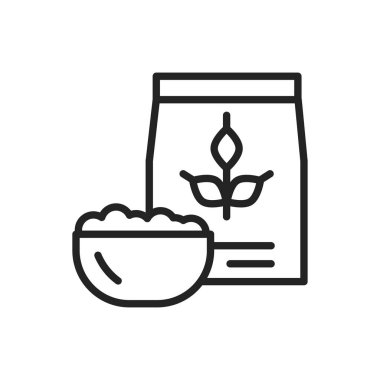 Buğday paketi ve bir kase yulaf lapası siyah çizgi ikonu. Sağlıklı, organik yiyecekler. Düzgün beslenme. İzole vektör elementi. Web sayfası, mobil uygulama, tanıtım için resim çizelgesi