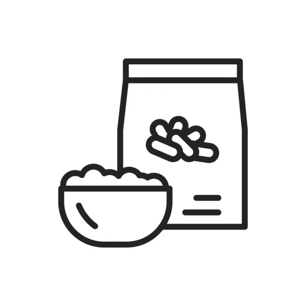 Paquete de arroz y tazón de avena icono de línea negra. Comida sana y orgánica. Nutrición adecuada. Elemento vectorial aislado. Esquema pictograma para la página web, aplicación móvil, promo — Archivo Imágenes Vectoriales