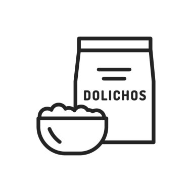 Dolichos paketi ve bir kase yulaf lapası siyah çizgi ikonu. Sağlıklı, organik yiyecekler. Düzgün beslenme. İzole vektör elementi. Web sayfası, mobil uygulama, tanıtım için resim çizelgesi