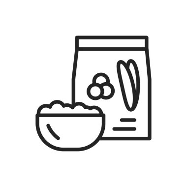 Chumiz paketi ve bir kase yulaf lapası siyah çizgi ikonu. Sağlıklı, organik yiyecekler. Düzgün beslenme. İzole vektör elementi. Web sayfası, mobil uygulama, tanıtım için resim çizelgesi