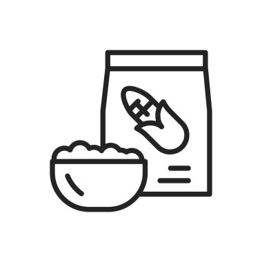 Mısır ezmesi paketi ve bir kase yulaf lapası siyah çizgi ikonu. Sağlıklı, organik yiyecekler. Düzgün beslenme. İzole vektör elementi. Web sayfası, mobil uygulama, tanıtım için resim çizelgesi