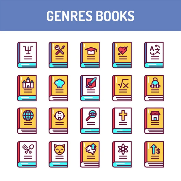 Genres von Büchern Farbzeilensymbole gesetzt. Vektorillustration — Stockvektor