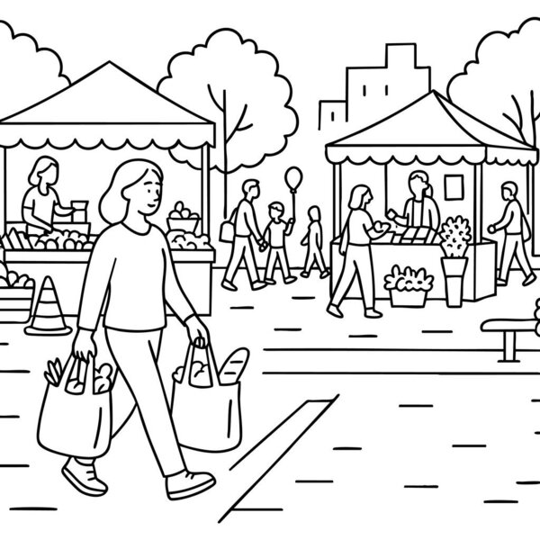 People shopping at an outdoor farmers market. Vector illustration