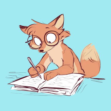 Cute cartoon fox with glasses writing in a notebook on blue background.