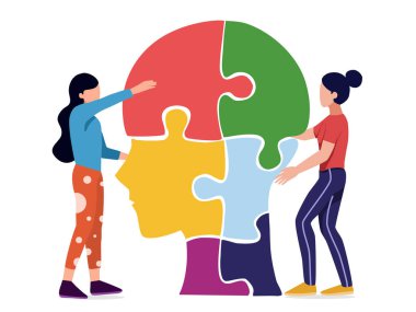 Akıl sağlığı, hastalık, beyin gelişimi, tıbbi tedavi kavramı, insanlar kafa yapbozu, akıl sağlığı, iyi zihniyet ve tavır belirleme, vektör illüstrasyonu yapar. 