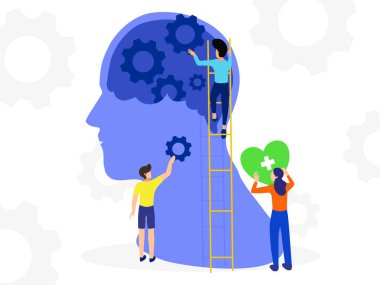 Zihinsel sağlık, beyin gelişimi tıbbi tedavi konsepti, insanlar kalp ve dişliyi beyine ayarlamak için birlikte çalışırlar, vites arkaplanı, vektör illüstrasyonuna karşı iyi bir zihniyet ve tavır oluştururlar. 