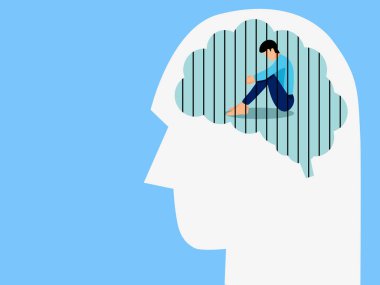 Zihinsel sağlık, hastalık, beyin gelişimi, tıbbi tedavi konsepti, insan beyninde düşünce kafesi, vektör illüstrasyonuyla oturan üzgün ve mutsuz adam. 