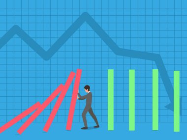 İş adamı covid-19 veya Coronavirus 'un düşüşü sonucu düşen grafikler, küresel iş krizi ve durgunluk konsepti, vektör illüstrasyonu 