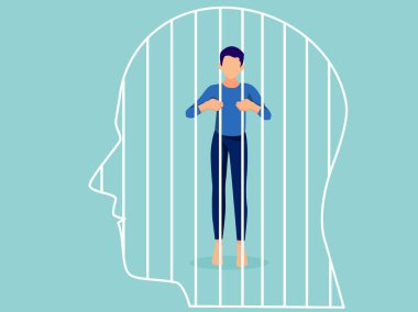 Zihinsel sağlık, hastalık, beyin gelişimi, tıbbi tedavi konsepti, üzgün ve mutsuz adam insan beyni tarafından insan kafesi, vektör çizimi ile hapsedildi. 