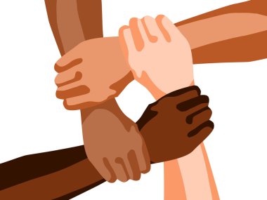 Ayrımcılık ve ırkçılık kavramı, farklı renkte el ele tutuşması, vektör illüstrasyonu.