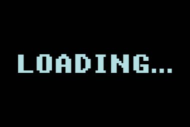 Siyah arkaplan üzerindeki Retro video oyunu yükleme metni, klasik yükleme biçimi, video yüklemesi için bekleyin, sinyal olmadan internet, web tasarımı, video düzenleyici, oyun, uygulama tasarımı - vektör ilüstrasyonu 