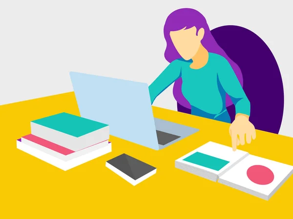 Kvinnor Studerar Hemifrån Arbetar Laptop Peka Finger Till Boken Arbete — Stock vektor