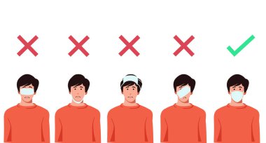 Set of men wearing medical mask in the wrong way with red cross symbol, one men wearing medical mask properly with   green check mark, protection concept, prevent virus, vector illustration  clipart