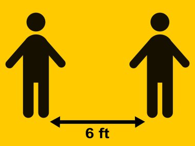 İki adam sarı zemin, sosyal uzaklık konsepti, sağlık koruma konsepti, virüsü, kirliliği, vektör illüstrasyonunu önlemek için ağzı örtmek için iki metre mesafeyi koruyor..