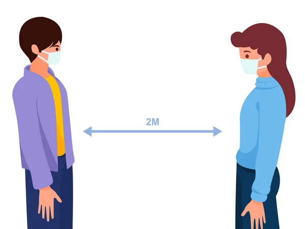 戴外科或医用口罩的男女保持2厘米的距离 社交距离的概念 健康保护的概念 捂住嘴以防止病毒 病媒说明 — 图库矢量图片